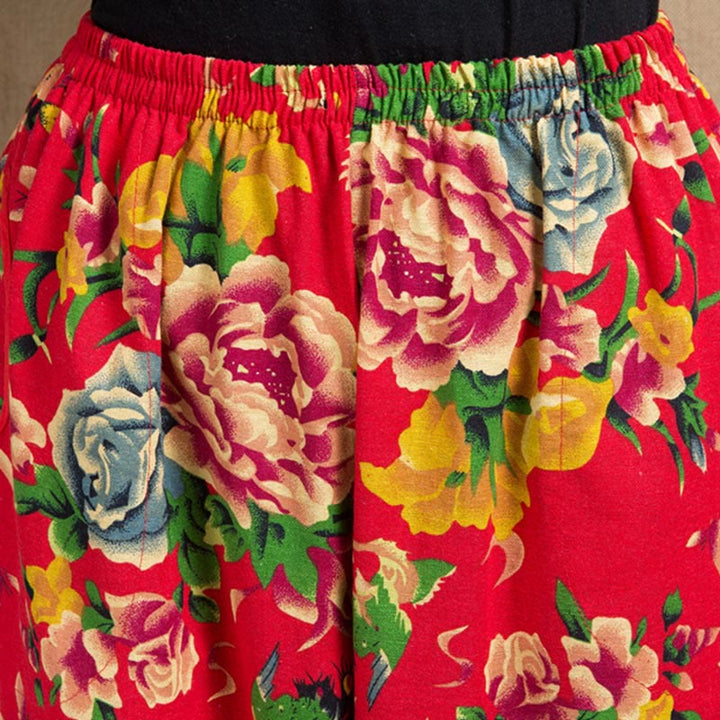 Buddha Stones Ethnic Style Red Green Flowers Print Harem Pants With Pockets - image 5