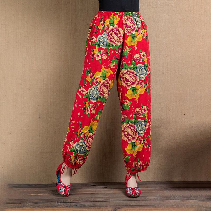 Buddha Stones Ethnic Style Red Green Flowers Print Harem Pants With Pockets - Red Blue Flowers-US4-6，UK/AU8-10，EU36-38 (F) - image 0