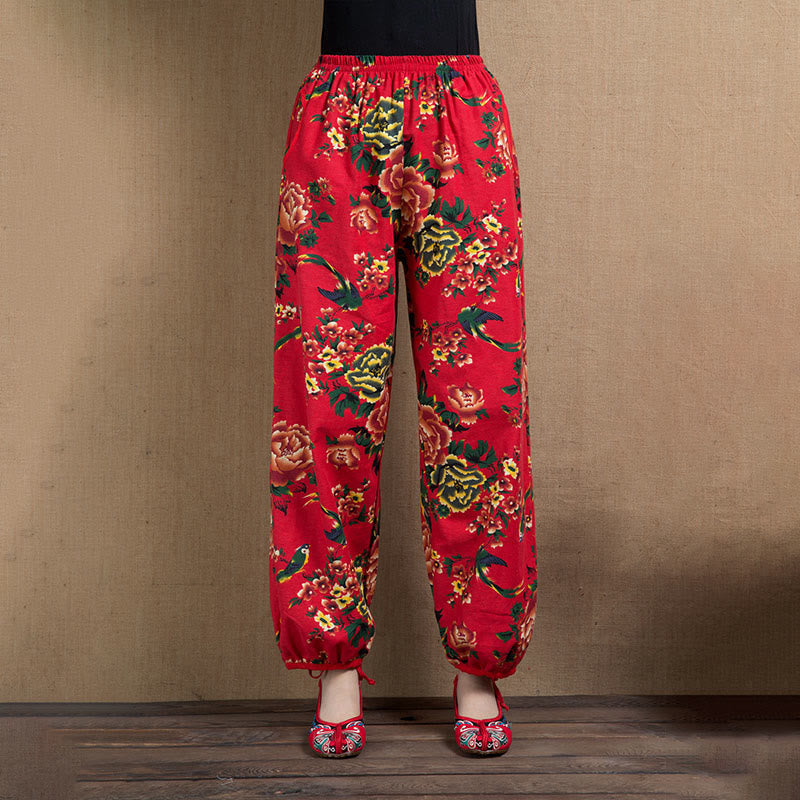 Buddha Stones Ethnic Style Red Green Flowers Print Harem Pants With Pockets - Red Yellow Flowers-US4-6，UK/AU8-10，EU36-38 (F) - image 16
