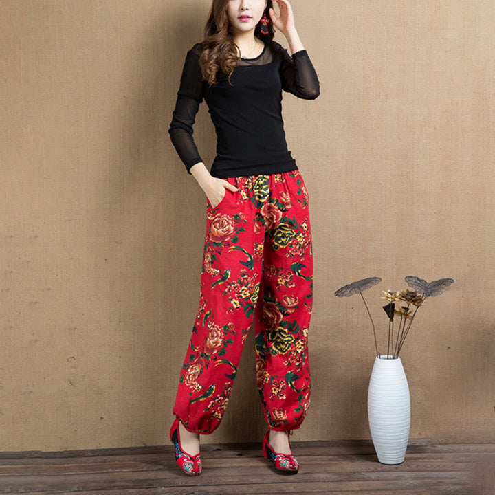 Buddha Stones Ethnic Style Red Green Flowers Print Harem Pants With Pockets - image 21