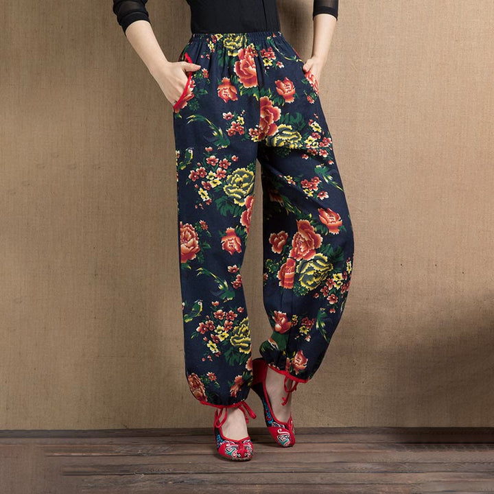 Buddha Stones Ethnic Style Red Green Flowers Print Harem Pants With Pockets - Navy Blue Red Flowers-US4-6，UK/AU8-10，EU36-38 (F) - image 22