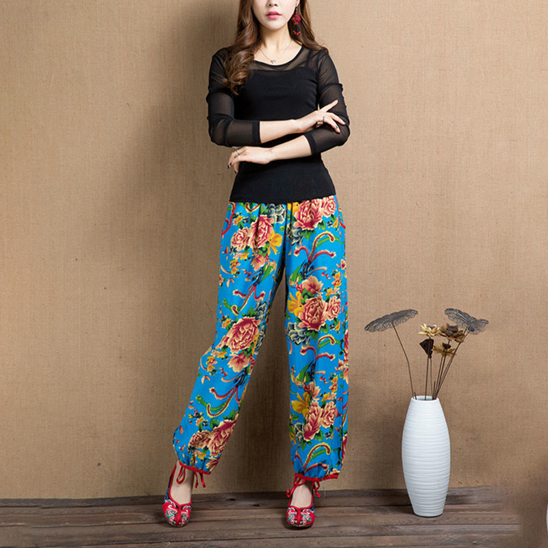 Buddha Stones Ethnic Style Red Green Flowers Print Harem Pants With Pockets - image 32