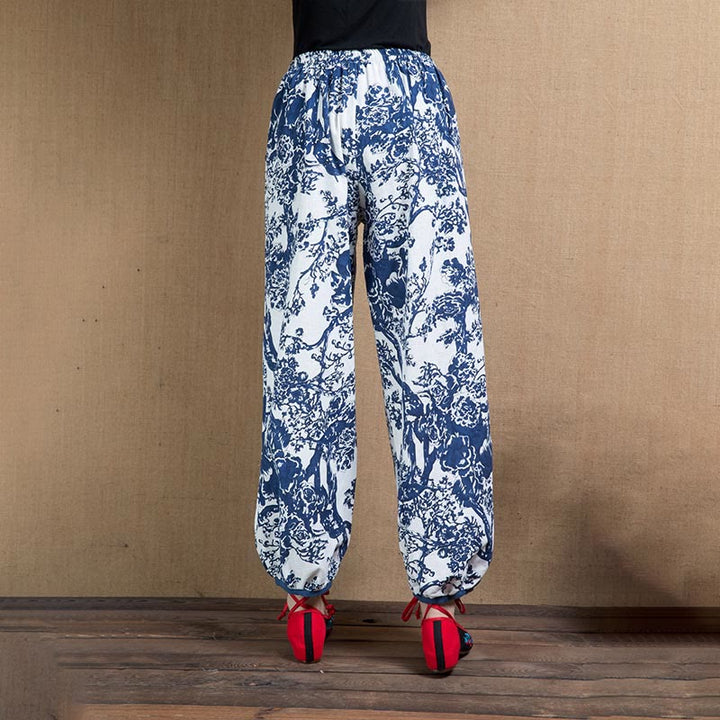 Buddha Stones Blue Tree Flowers Print Harem Pants With Pockets - image 2