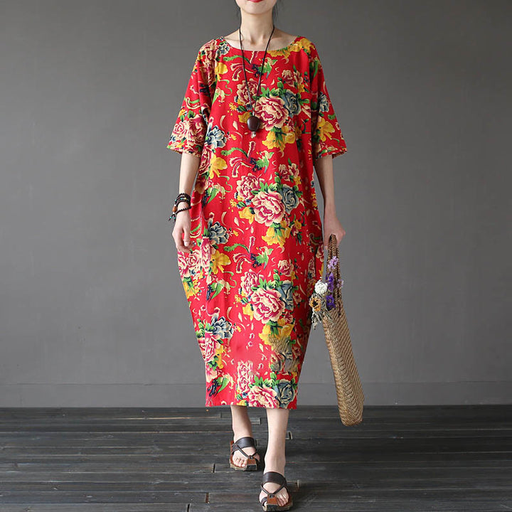 Buddha Stones Red Peony Flowers Printed Midi Dress Half Sleeve Cotton Linen Dress - Red-US4-12，UK/AU8-16，EU36-44 (F) - image 0
