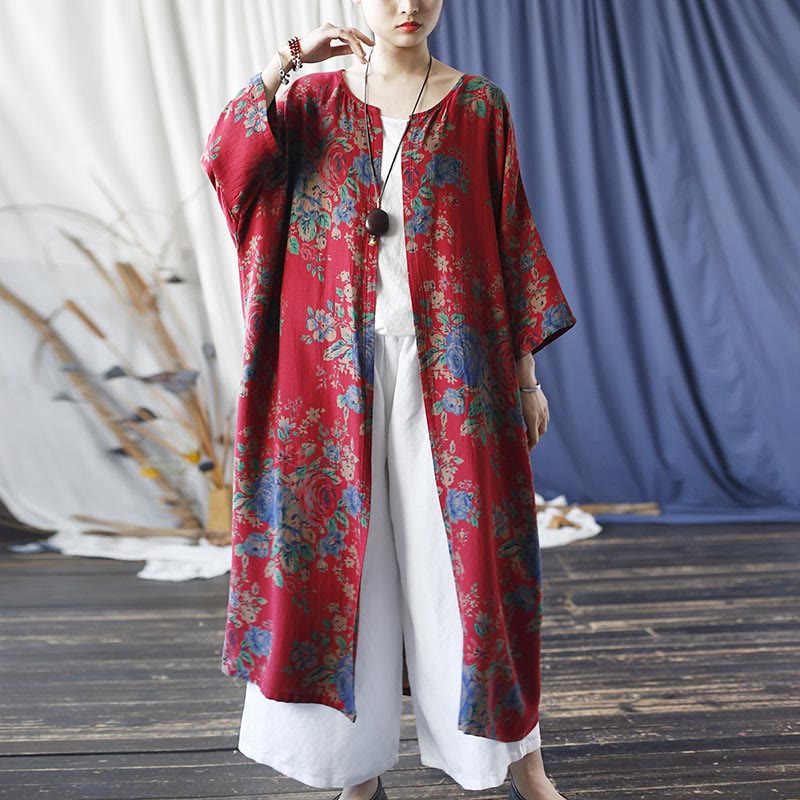 Buddha Stones Red Blue Flowers Print Cotton Three Quarter Sleeve Open Front Jacket Coat - US4-12，UK/AU8-16，EU36-44 (F)-Jacket Only - image 0