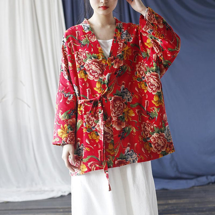 Buddha Stones Ethnic Style Northeast Red Flower Peony Print Cotton Linen Lace Up Jacket