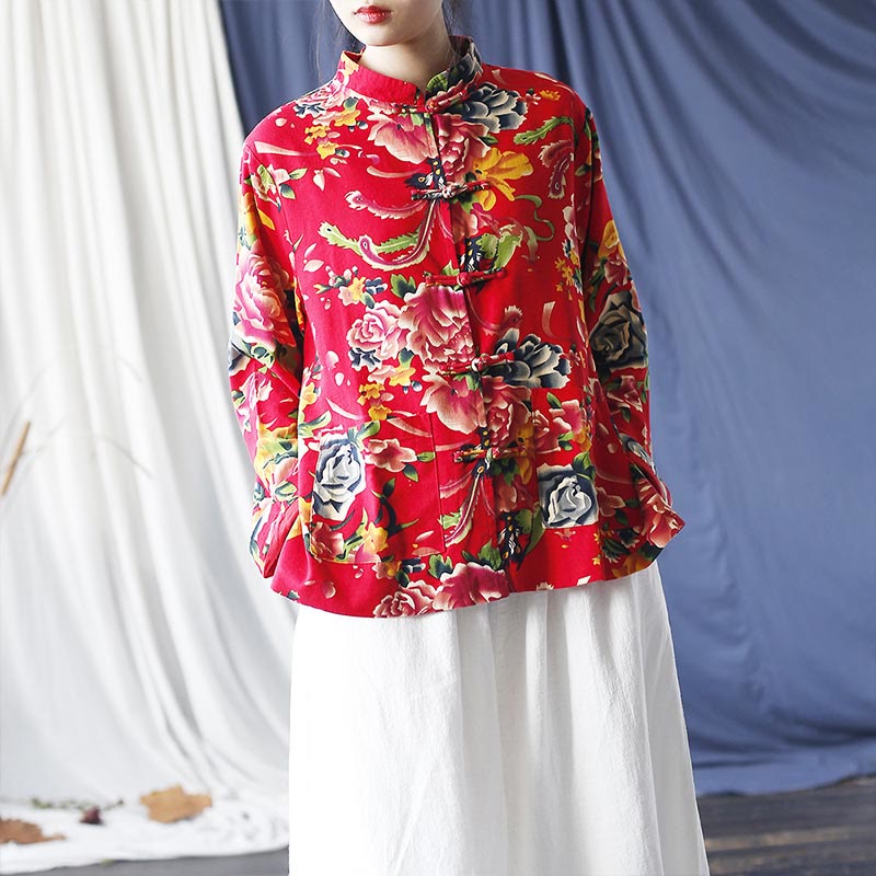 Buddha Stones Ethnic Red Flower Peony Frog-Button Cotton Linen Long Sleeve Shirt Jacket With Pockets