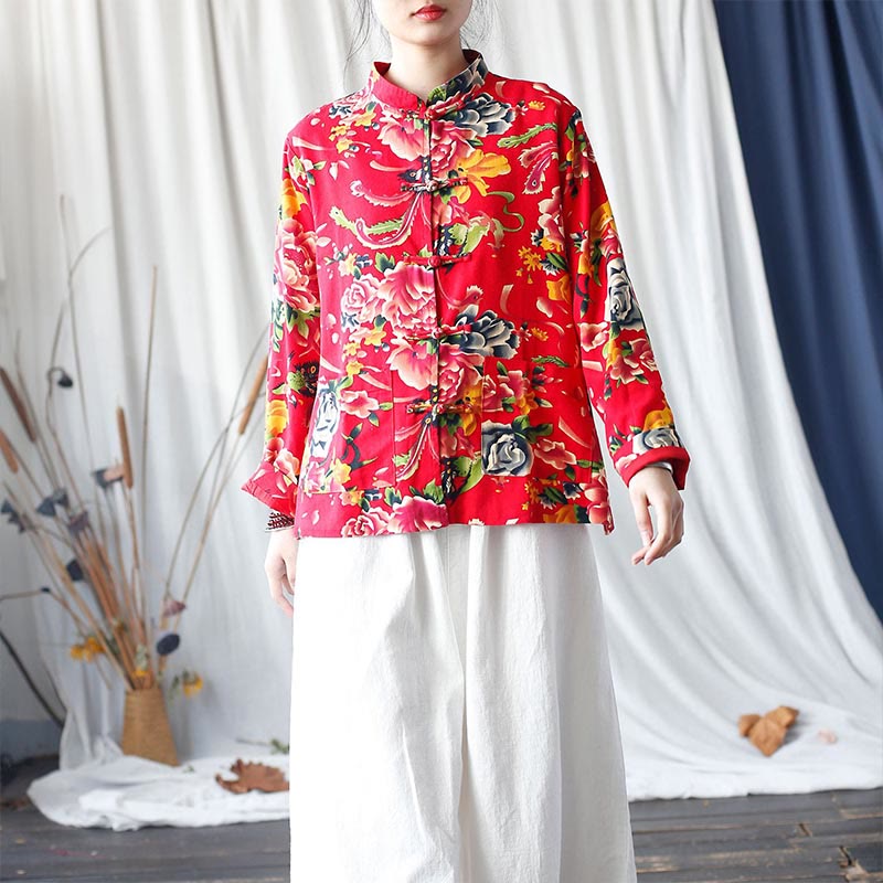 Buddha Stones Ethnic Red Flower Peony Frog-Button Cotton Linen Long Sleeve Shirt Jacket With Pockets - image 18