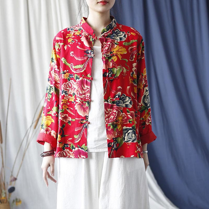 Buddha Stones Ethnic Red Flower Peony Frog-Button Cotton Linen Long Sleeve Shirt Jacket With Pockets