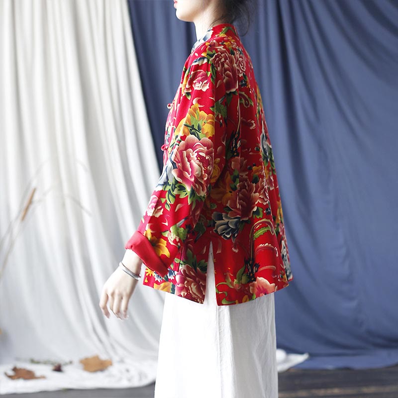 Buddha Stones Ethnic Red Flower Peony Frog-Button Cotton Linen Long Sleeve Shirt Jacket With Pockets