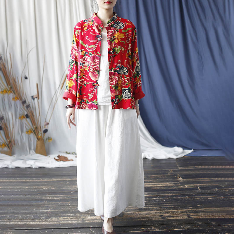 Buddha Stones Ethnic Red Flower Peony Frog-Button Cotton Linen Long Sleeve Shirt Jacket With Pockets - image 19