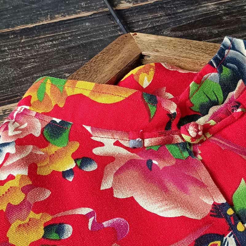 Buddha Stones Ethnic Red Flower Peony Frog-Button Cotton Linen Long Sleeve Shirt Jacket With Pockets - image 8