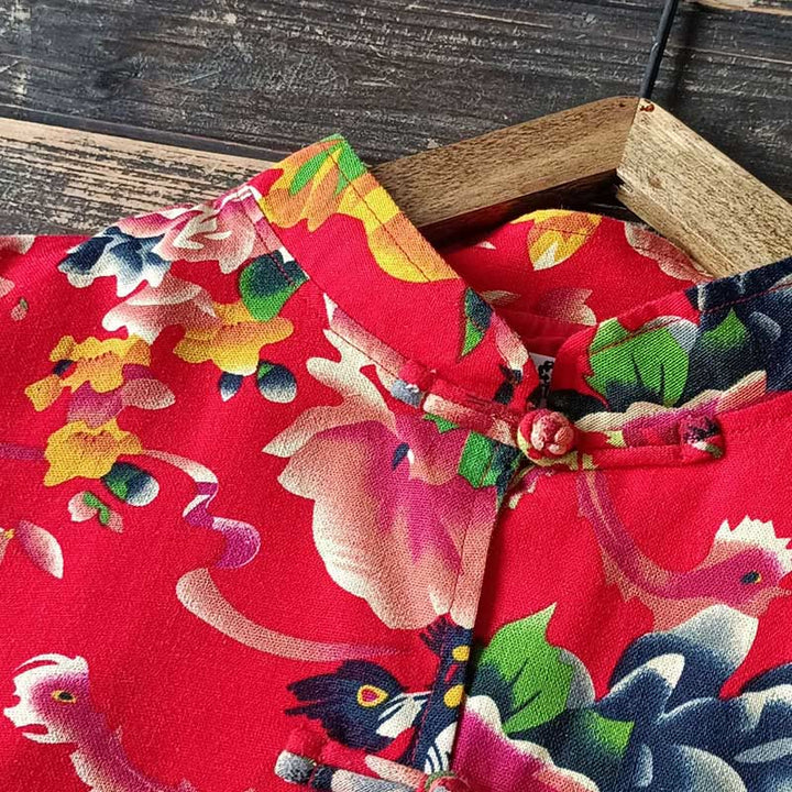 Buddha Stones Ethnic Red Flower Peony Frog-Button Cotton Linen Long Sleeve Shirt Jacket With Pockets - image 7