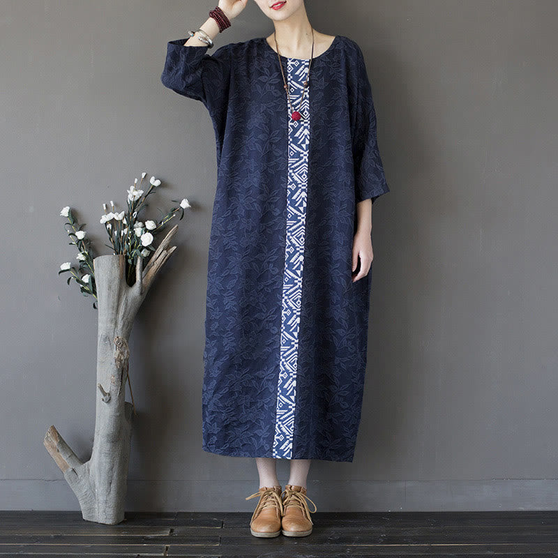 Buddha Stones Blue Flowers Embroidery Jacquard Midi Dress Three Quarter Sleeve Cotton Dress With Pockets - image 4