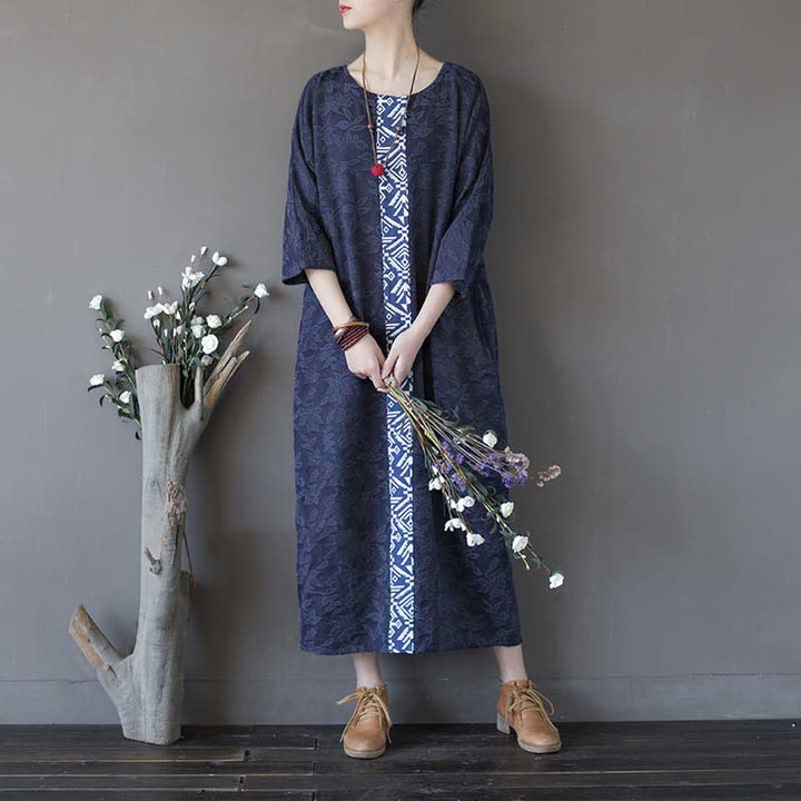 Buddha Stones Blue Flowers Embroidery Jacquard Midi Dress Three Quarter Sleeve Cotton Dress With Pockets - image 15