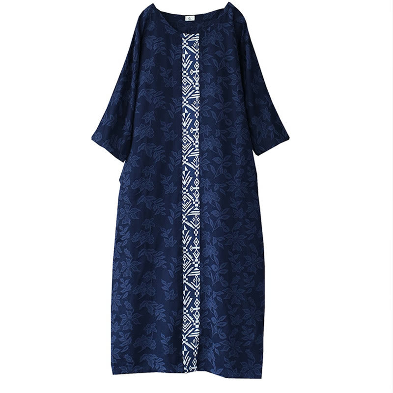 Buddha Stones Blue Flowers Embroidery Jacquard Midi Dress Three Quarter Sleeve Cotton Dress With Pockets - image 19