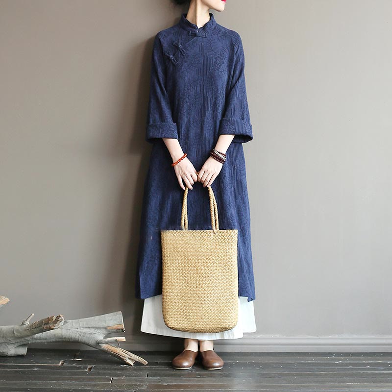 Buddha Stones Flower Jacquard Midi Dress Long Sleeve Cotton Linen Dress Wide Leg Pants With Pockets - image 3
