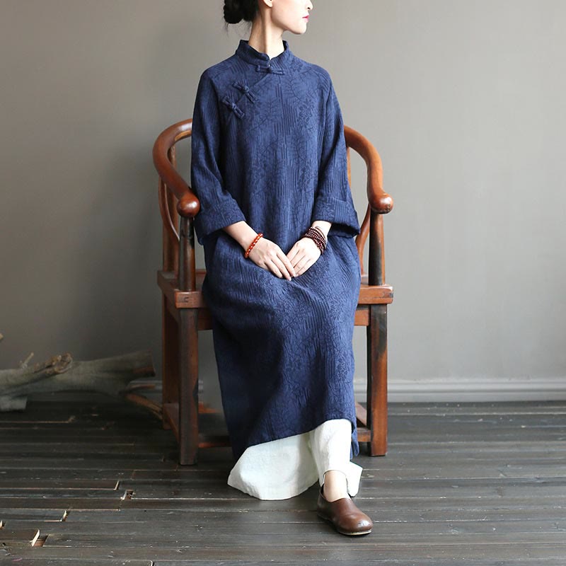 Buddha Stones Flower Jacquard Midi Dress Long Sleeve Cotton Linen Dress Wide Leg Pants With Pockets - image 4