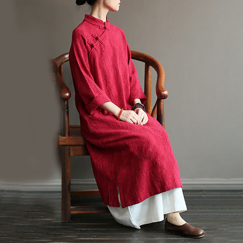 Buddha Stones Flower Jacquard Midi Dress Long Sleeve Cotton Linen Dress Wide Leg Pants With Pockets - image 20