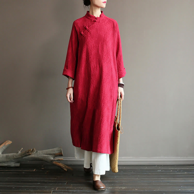 Buddha Stones Flower Jacquard Midi Dress Long Sleeve Cotton Linen Dress Wide Leg Pants With Pockets