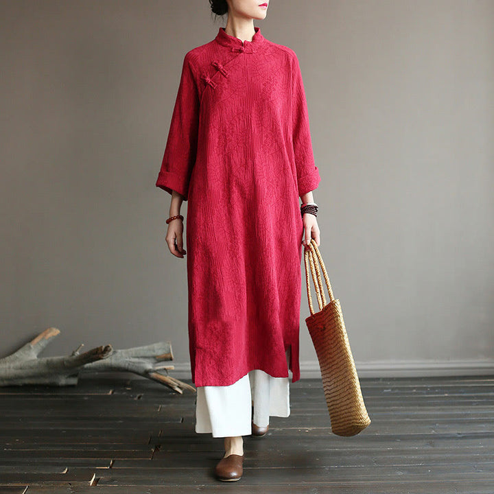 Buddha Stones Flower Jacquard Midi Dress Long Sleeve Cotton Linen Dress Wide Leg Pants With Pockets