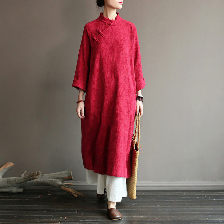 Buddha Stones Flower Jacquard Midi Dress Long Sleeve Cotton Linen Dress Wide Leg Pants With Pockets - Red Dress&Pants - US4-8/10，UK/AU8-12/14，EU36-40/42 (F) - image 17