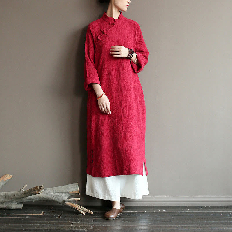 Buddha Stones Flower Jacquard Midi Dress Long Sleeve Cotton Linen Dress Wide Leg Pants With Pockets - image 29