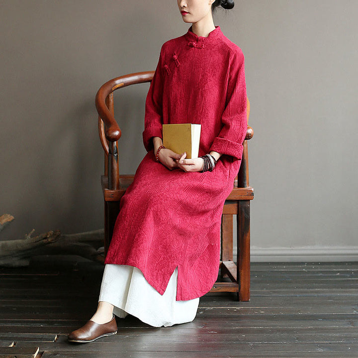 Buddha Stones Flower Jacquard Midi Dress Long Sleeve Cotton Linen Dress Wide Leg Pants With Pockets - image 31