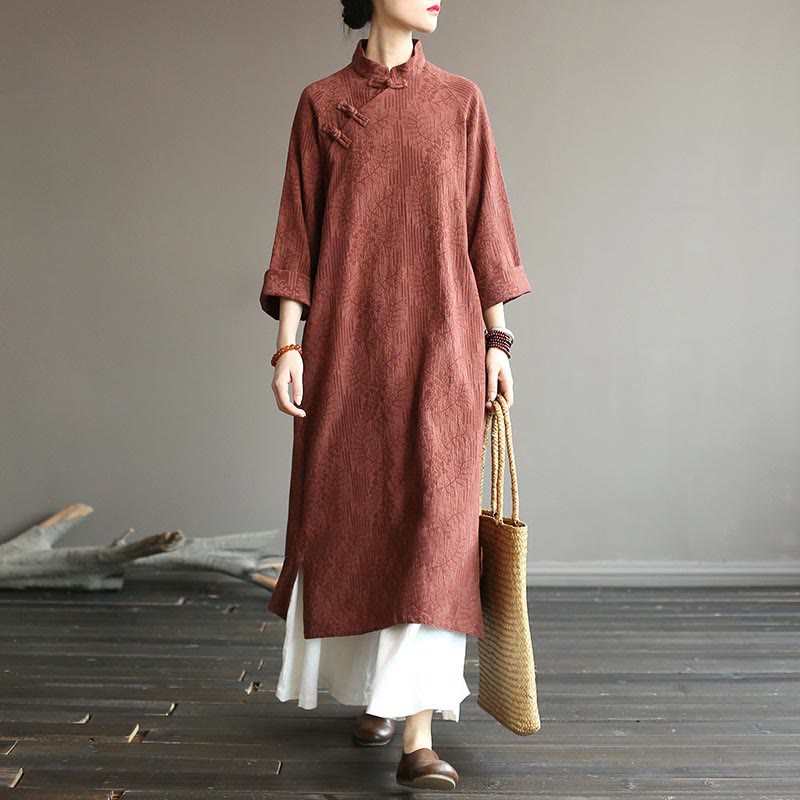 Buddha Stones Flower Jacquard Midi Dress Long Sleeve Cotton Linen Dress Wide Leg Pants With Pockets