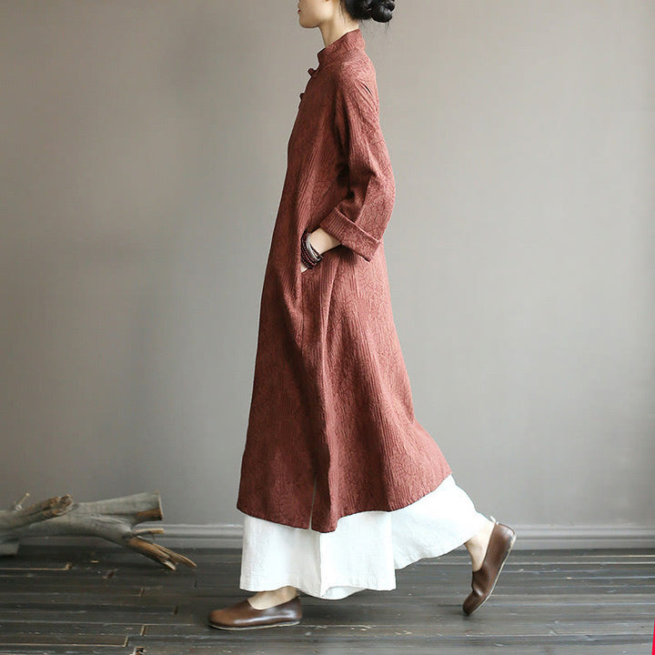 Buddha Stones Flower Jacquard Midi Dress Long Sleeve Cotton Linen Dress Wide Leg Pants With Pockets