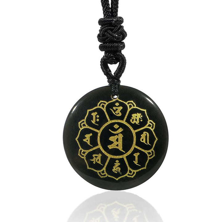 Buddha Stones Om Mani Padme Hum Natural Various Crystal Black Obsidian Strength Necklace Pendant - image 3