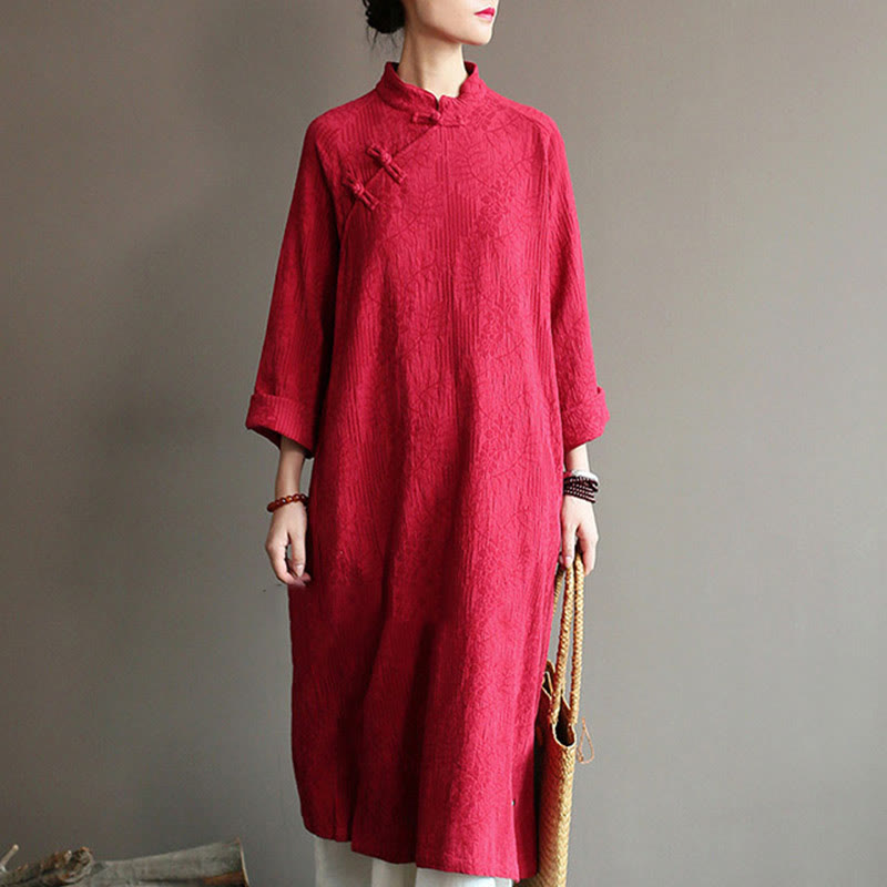 Buddha Stones Flower Jacquard Midi Dress Long Sleeve Cotton Linen Dress Wide Leg Pants With Pockets - Red Dress(Dress Only) - US4-8/10，UK/AU8-12/14，EU36-40/42 (F) - image 43