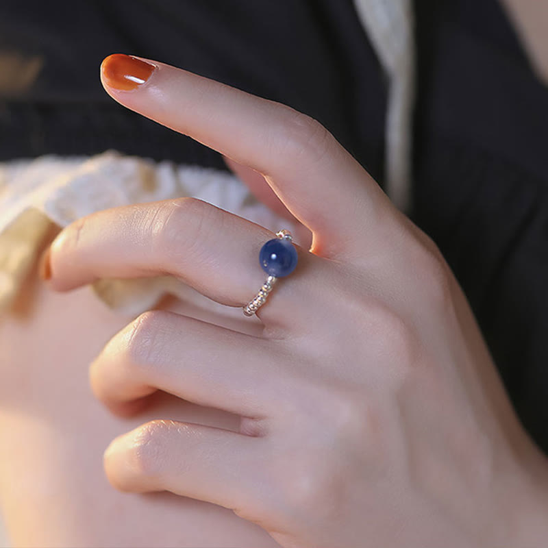 Buddha Stones 925 Sterling Silver Blue Candy Agate Healing Bead Ring - image 8