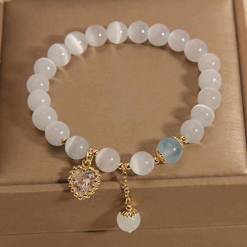 Buddha Stones Cat's Eye Crystal Heart Zircon Charm Peace Love Bracelet