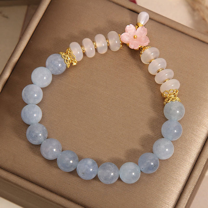 Buddha Stones Aquamarine White Agate Pearl Abacus Beads Flower Healing Bracelet