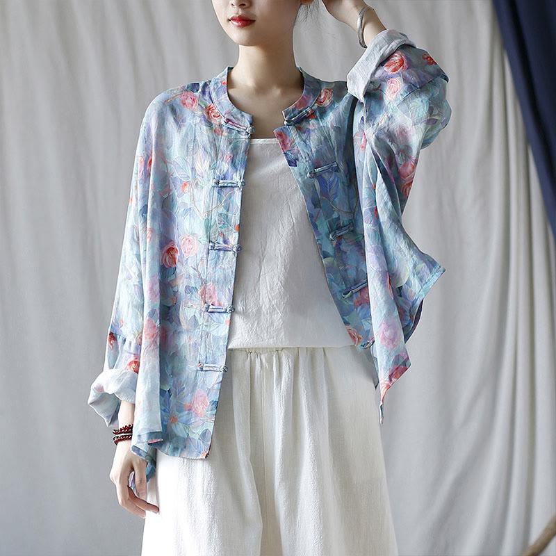 Buddha Stones Pink Flowers Green Leaves Print Frog-button Design Long Sleeve Ramie Linen Jacket Shirt - image 19