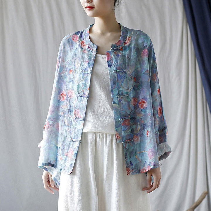 Buddha Stones Pink Flowers Green Leaves Print Frog-button Design Long Sleeve Ramie Linen Jacket Shirt