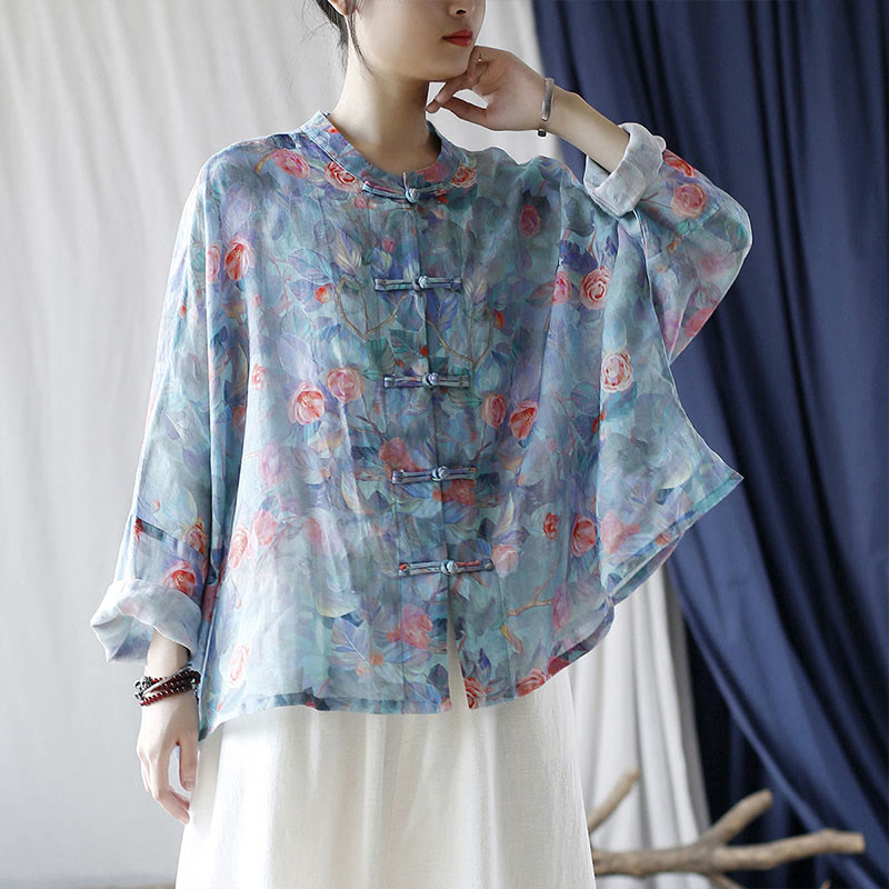 Buddha Stones Pink Flowers Green Leaves Print Frog-button Design Long Sleeve Ramie Linen Jacket Shirt