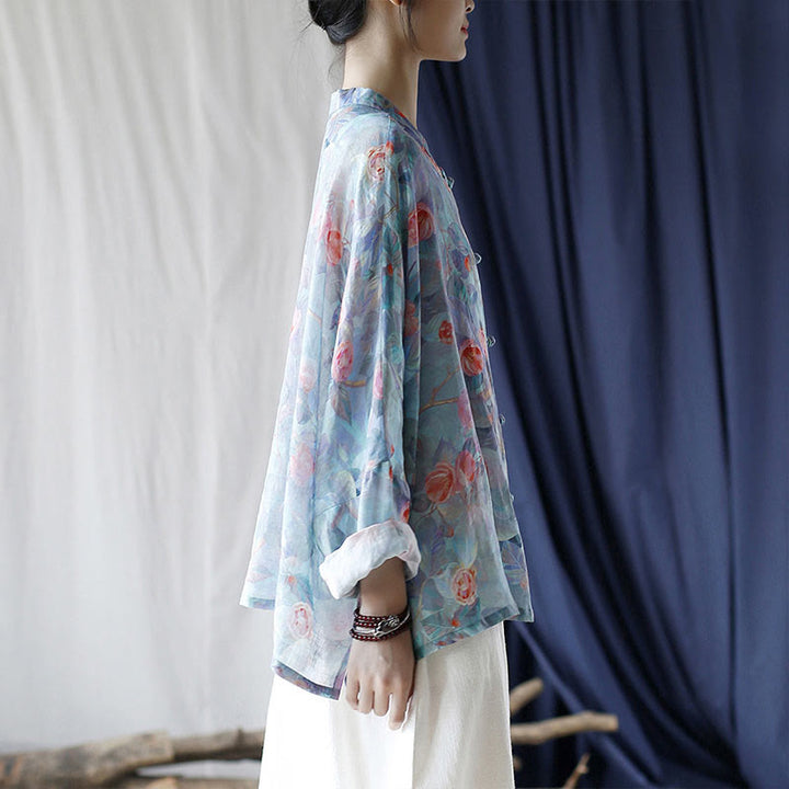 Buddha Stones Pink Flowers Green Leaves Print Frog-button Design Long Sleeve Ramie Linen Jacket Shirt - image 3