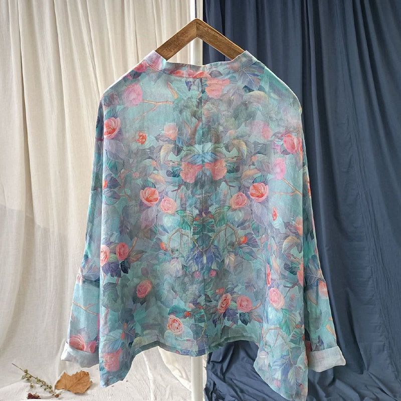 Buddha Stones Pink Flowers Green Leaves Print Frog-button Design Long Sleeve Ramie Linen Jacket Shirt - image 9