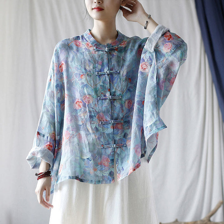 Buddha Stones Pink Flowers Green Leaves Print Frog-button Design Long Sleeve Ramie Linen Jacket Shirt