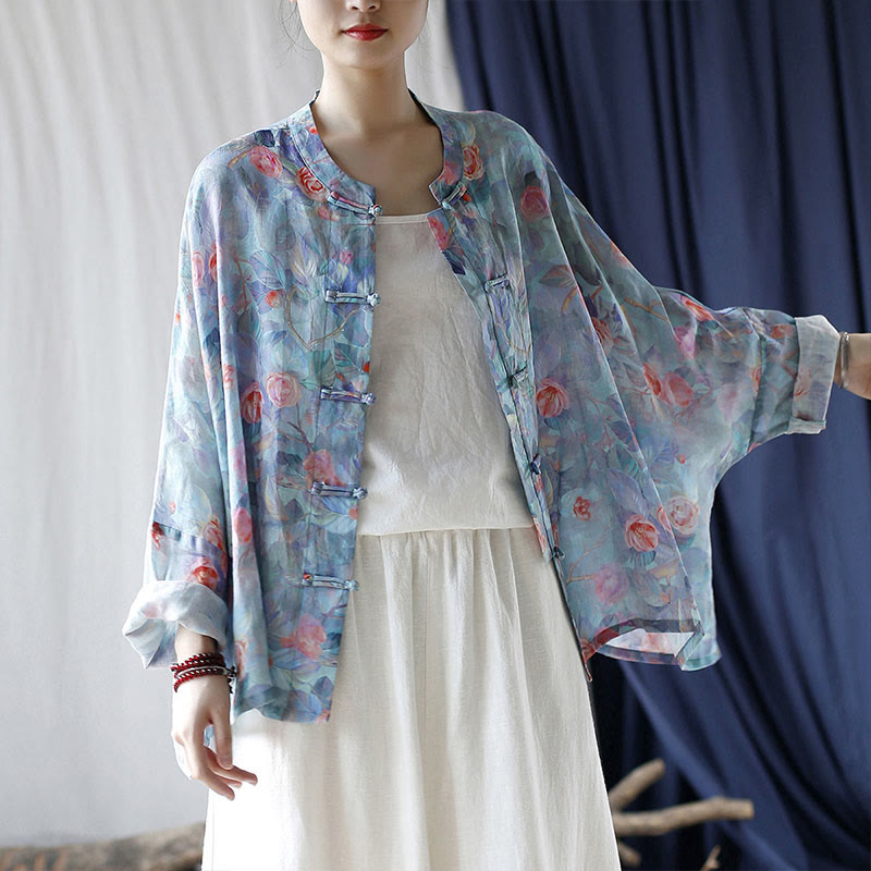 Buddha Stones Pink Flowers Green Leaves Print Frog-button Design Long Sleeve Ramie Linen Jacket Shirt