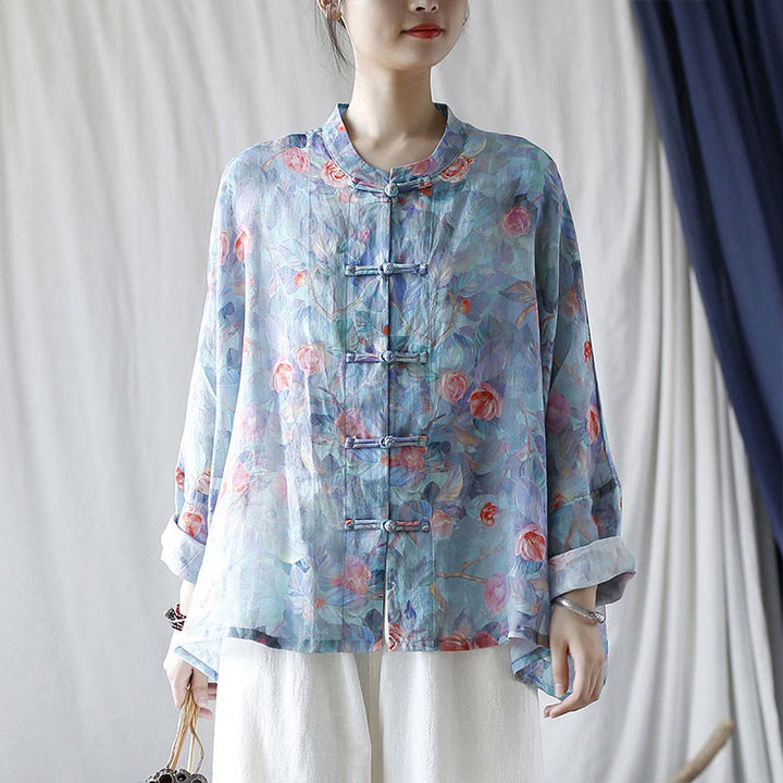 Buddha Stones Pink Flowers Green Leaves Print Frog-button Design Long Sleeve Ramie Linen Jacket Shirt