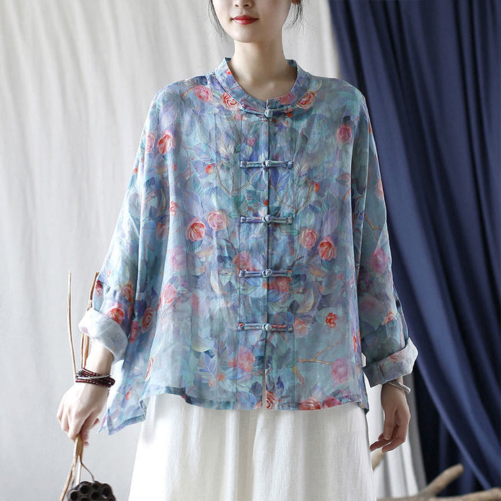 Buddha Stones Pink Flowers Green Leaves Print Frog-button Design Long Sleeve Ramie Linen Jacket Shirt - image 26