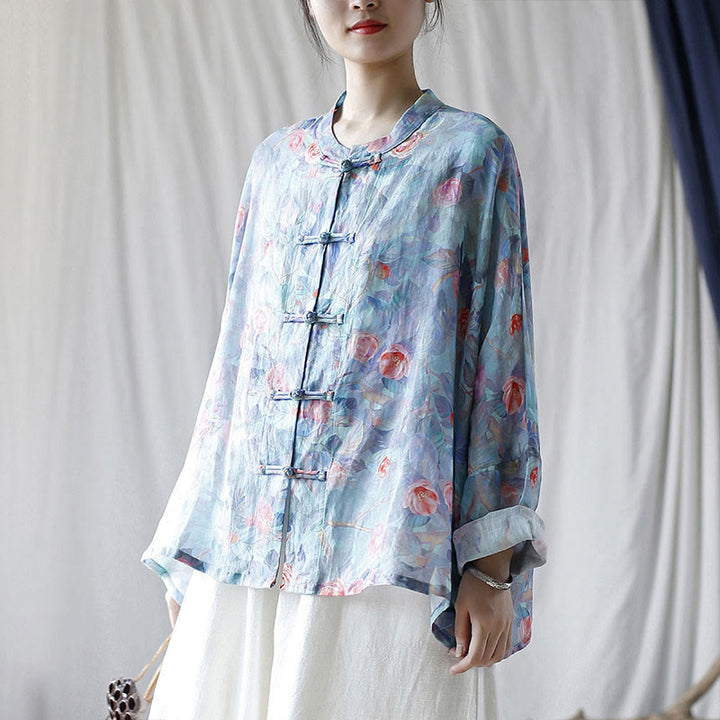 Buddha Stones Pink Flowers Green Leaves Print Frog-button Design Long Sleeve Ramie Linen Jacket Shirt