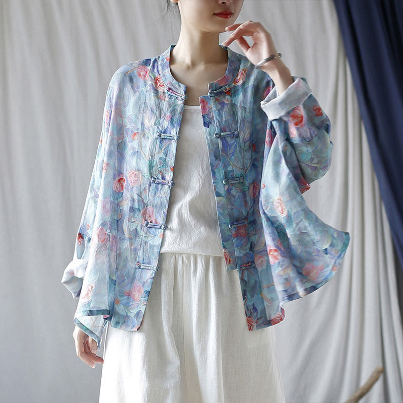 Buddha Stones Pink Flowers Green Leaves Print Frog-button Design Long Sleeve Ramie Linen Jacket Shirt