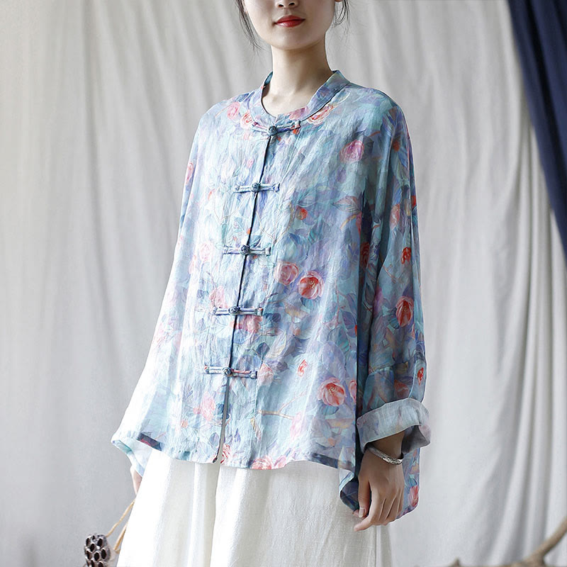Buddha Stones Pink Flowers Green Leaves Print Frog-button Design Long Sleeve Ramie Linen Jacket Shirt - image 27