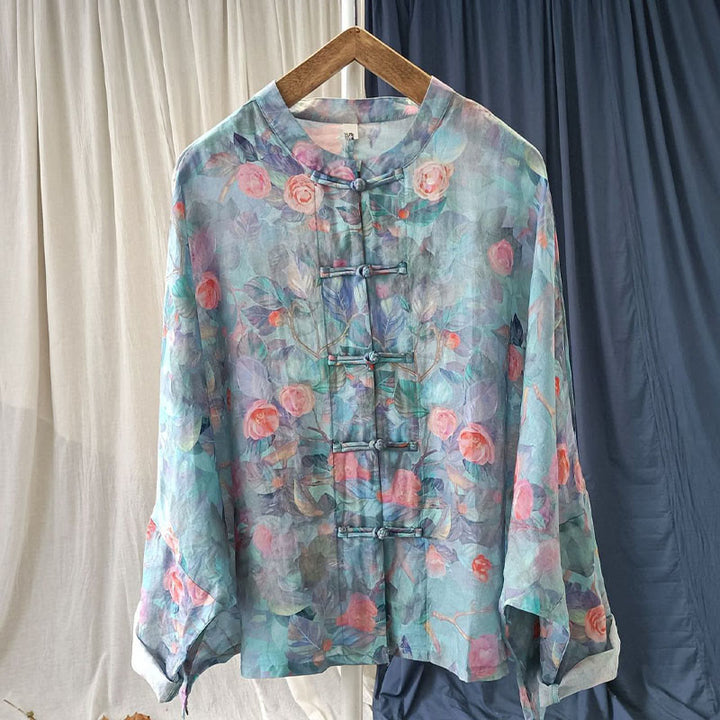 Buddha Stones Pink Flowers Green Leaves Print Frog-button Design Long Sleeve Ramie Linen Jacket Shirt