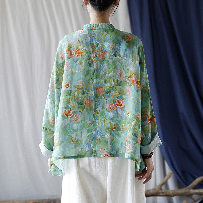 Buddha Stones Pink Flowers Green Leaves Print Frog-button Design Long Sleeve Ramie Linen Jacket Shirt