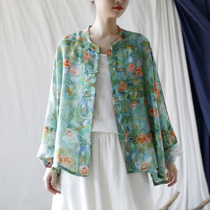 Buddha Stones Pink Flowers Green Leaves Print Frog-button Design Long Sleeve Ramie Linen Jacket Shirt - Green(Fit for US4-14; UK/AU8-18; EU36-46)(Jacket Only) - image 29